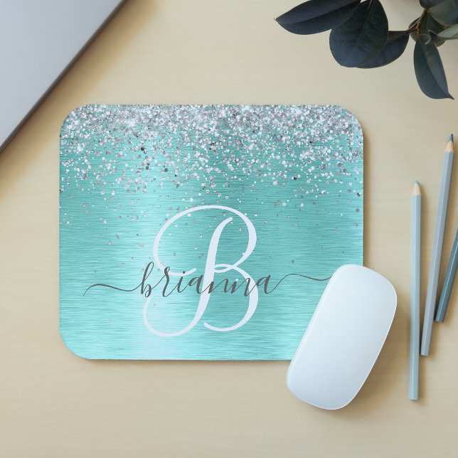 Teal Brushed Metal Silver Glitter Monogram Name Mouse Mat (Creator Uploaded)