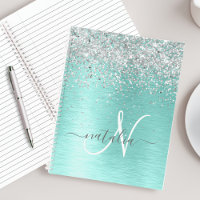 Teal Brushed Metal Silver Glitter Monogram Name
