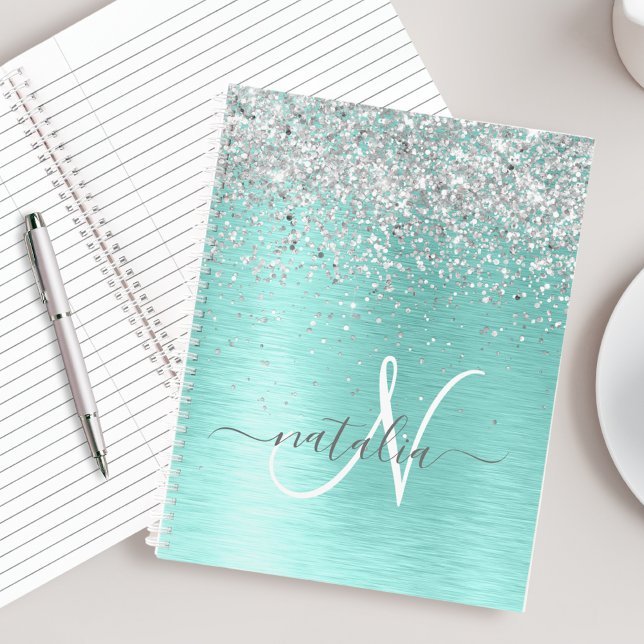 Teal Brushed Metal Silver Glitter Monogram Name Notebook (Creator Uploaded)