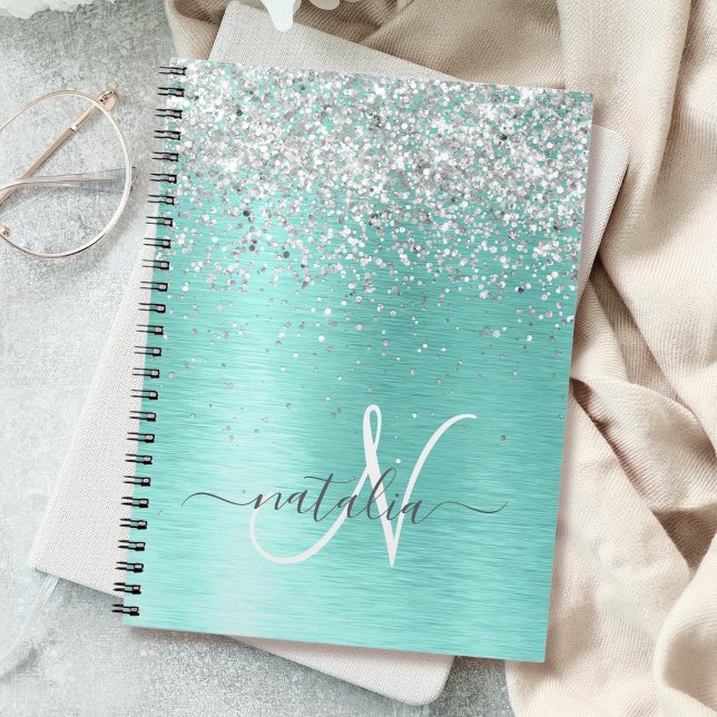Teal Brushed Metal Silver Glitter Monogram Name Notebook (Creator Uploaded)