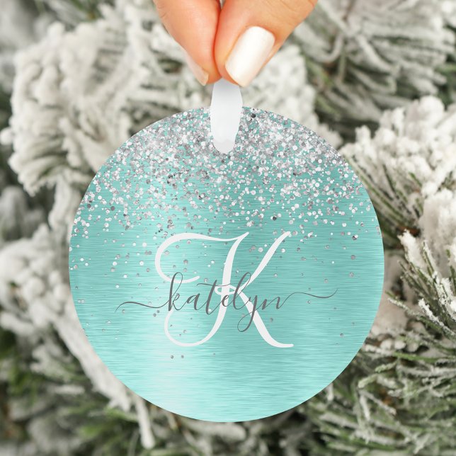Teal Brushed Metal Silver Glitter Monogram Name Ornament (Creator Uploaded)