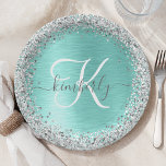 Teal Brushed Metal Silver Glitter Monogram Name Paper Plate<br><div class="desc">Easily personalise this trendy chic paper plate design featuring pretty silver sparkling glitter on a teal brushed metallic background.</div>