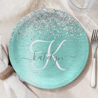 Teal Brushed Metal Silver Glitter Monogram Name