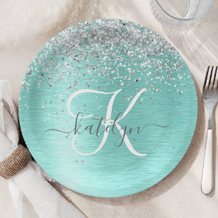 Teal Brushed Metal Silver Glitter Monogram Name Paper Plate