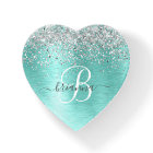 Teal Brushed Metal Silver Glitter Monogram Name