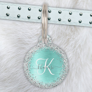 Teal Brushed Metal Silver Glitter Monogram Name Pet Tag