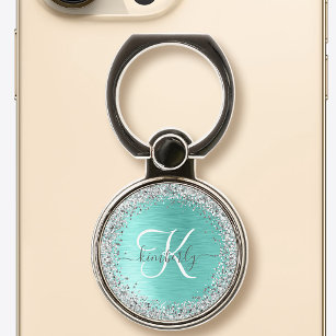 Teal Brushed Metal Silver Glitter Monogram Name Phone Ring Stand
