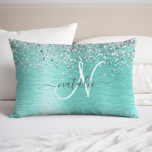Teal Brushed Metal Silver Glitter Monogram Name Pillowcase