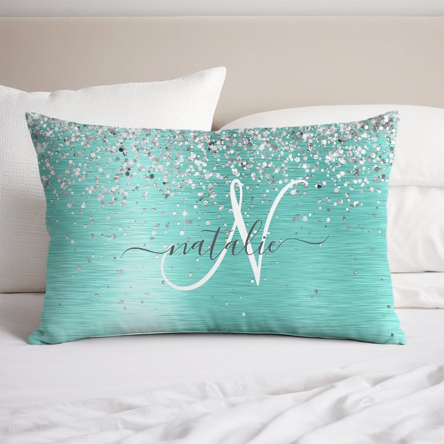 Teal Brushed Metal Silver Glitter Monogram Name Pillowcase (Creator Uploaded)