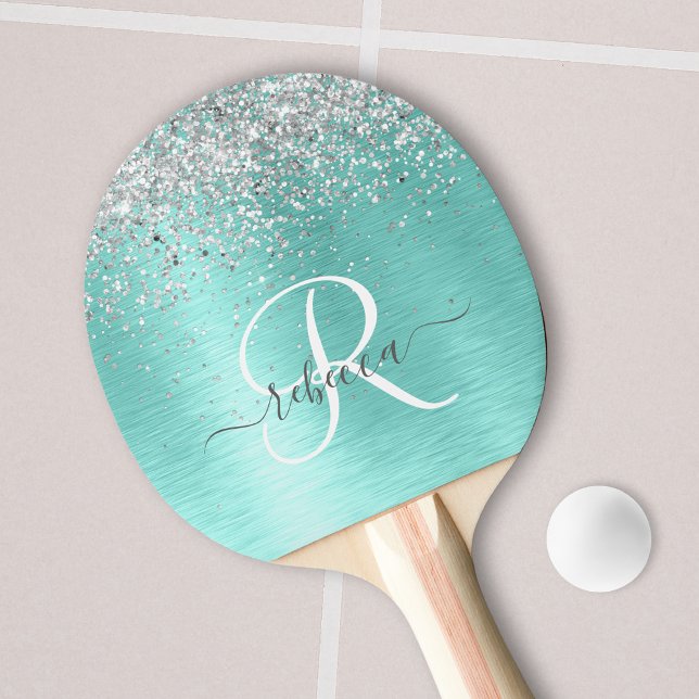  Teal Brushed Metal Silver Glitter Monogram Name Ping Pong Paddle (Creator Uploaded)