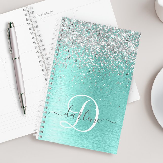 Teal Brushed Metal Silver Glitter Monogram Name Planner (Creator Uploaded)
