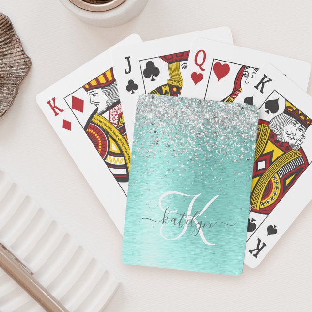 Teal Brushed Metal Silver Glitter Monogram Name Playing Cards (Creator Uploaded)