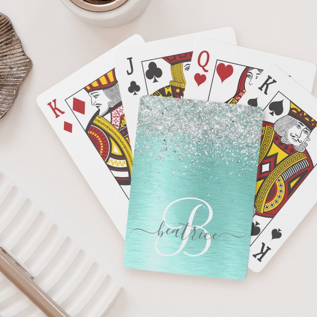 Teal Brushed Metal Silver Glitter Monogram Name Playing Cards (Creator Uploaded)
