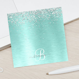 Teal Brushed Metal Silver Glitter Monogram Name Post-it Notes