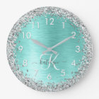 Teal Brushed Metal Silver Glitter Monogram Name