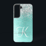 Teal Brushed Metal Silver Glitter Monogram Name Samsung Galaxy Case<br><div class="desc">Easily personalise this trendy chic phone case design featuring pretty silver sparkling glitter on a teal brushed metallic background.</div>