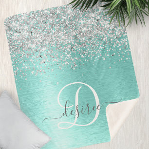 Teal Brushed Metal Silver Glitter Monogram Name Sherpa Blanket