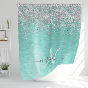 Teal Brushed Metal Silver Glitter Monogram Name Shower Curtain