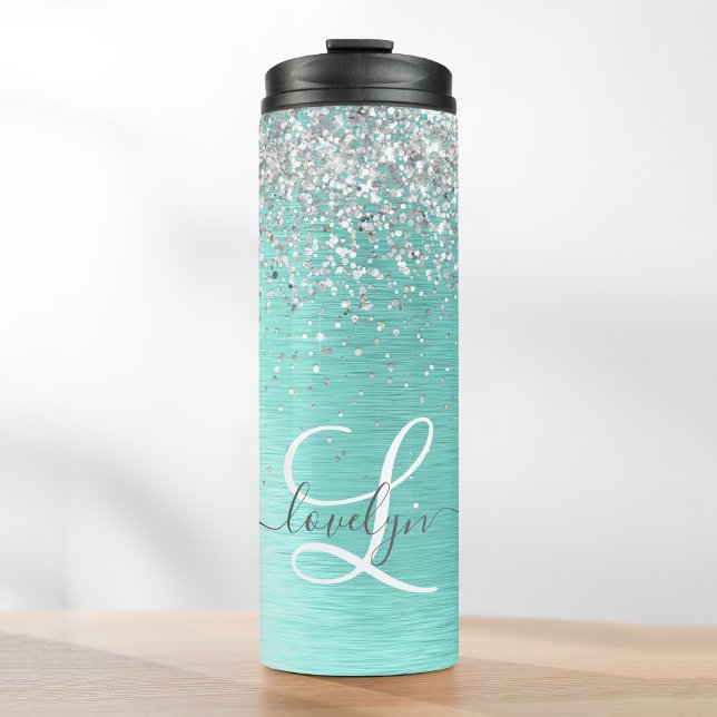 Teal Brushed Metal Silver Glitter Monogram Name Thermal Tumbler (Creator Uploaded)