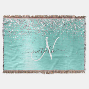 Teal Brushed Metal Silver Glitter Monogram Name Throw Blanket