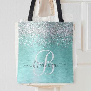 Teal Brushed Metal Silver Glitter Monogram Name Tote Bag