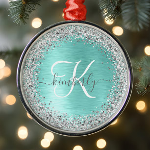 Teal Brushed Metal Silver Glitter Monogram Name Tree Decoration