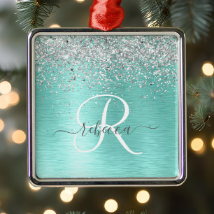  Teal Brushed Metal Silver Glitter Monogram Name Tree Decoration