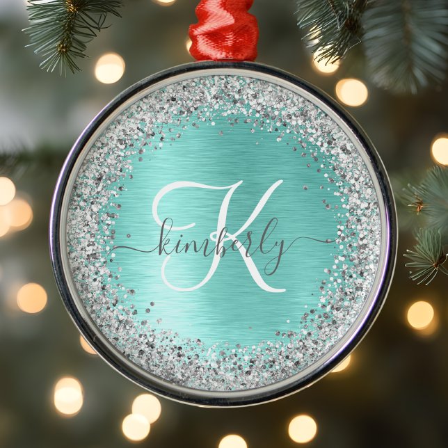Teal Brushed Metal Silver Glitter Monogram Name Tree Decoration (Creator Uploaded)