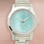 Teal Brushed Metal Silver Glitter Monogram Name Watch<br><div class="desc">Easily personalise this trendy chic watch design featuring pretty silver sparkling glitter on a teal brushed metallic background.</div>