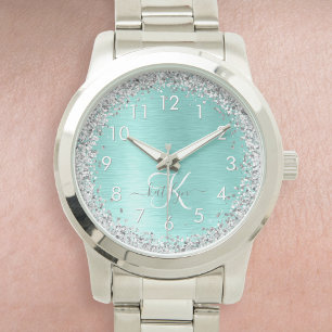 Teal Brushed Metal Silver Glitter Monogram Name Watch
