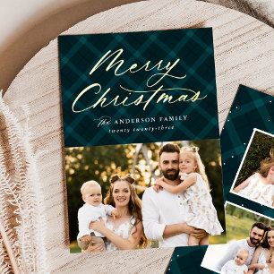 Teal Brushed Plaid Gold Foil 3 Photo Holiday Card