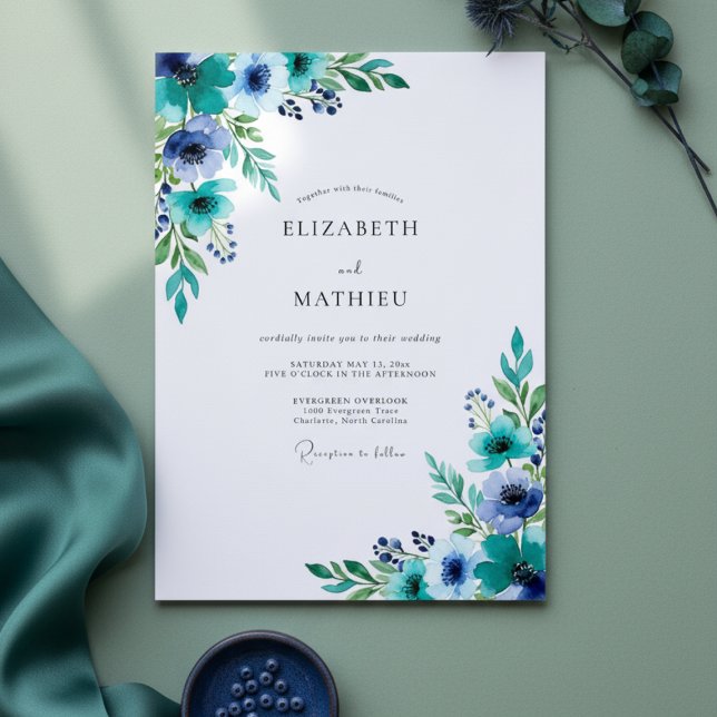 Teal Brushstroke Floral Romance Wedding Invitation (Creator Uploaded)