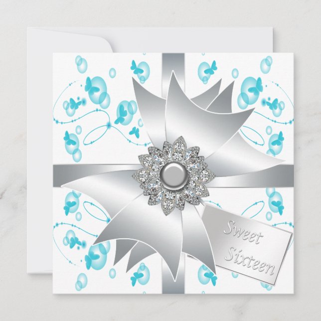 Teal Bubbles Butterflies Sweet 16 Party Invitation (Front)