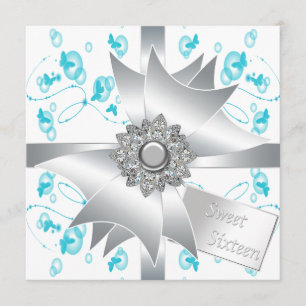 Teal Bubbles Butterflies Sweet 16 Party Invitation