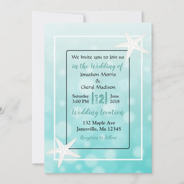Teal Bubbles Starfish Beach  Wedding Invitations (Front)