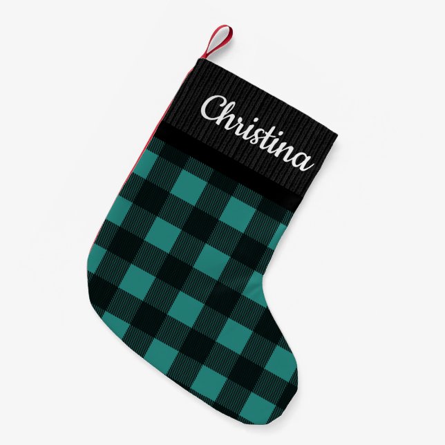 Teal Buffalo Check Sweater Pattern Country Name Small Christmas Stocking (Front (Hanging))