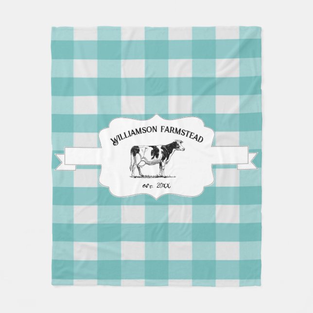 Teal Buffalo Plaid Farm Cow Fleece Blanket (Front)