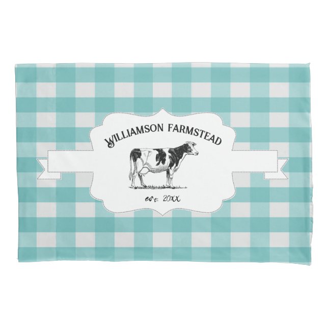 Teal Buffalo Plaid Farm Cow Pillow Case (Front)