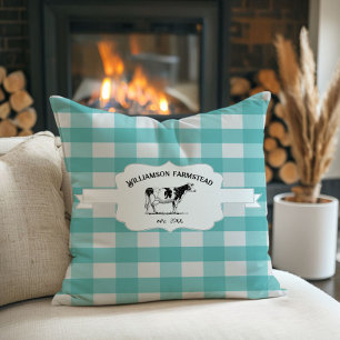 Teal Buffalo Plaid Farm Cow Throw Pillow