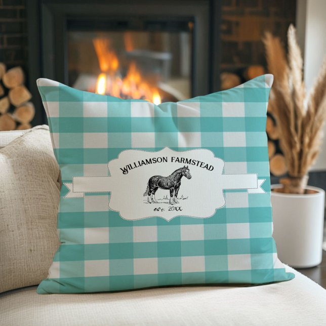 Teal Buffalo Plaid Farm Horse Cushion (Teal Buffalo Plaid Farm Horse Throw Pillow)