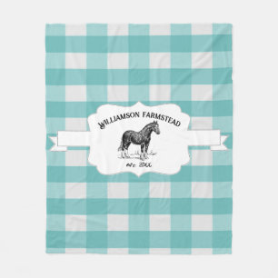 Teal Buffalo Plaid Farm Horse Fleece Blanket