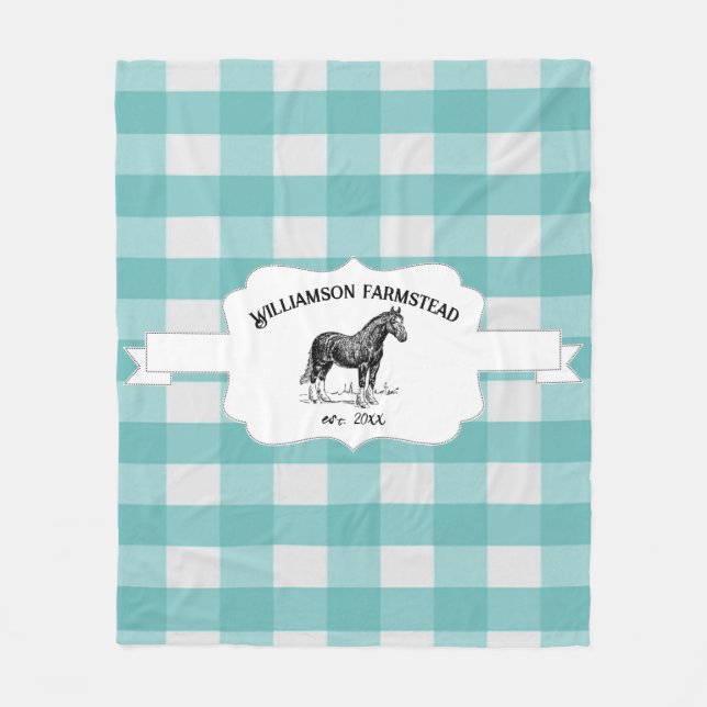 Teal Buffalo Plaid Farm Horse Fleece Blanket (Front)