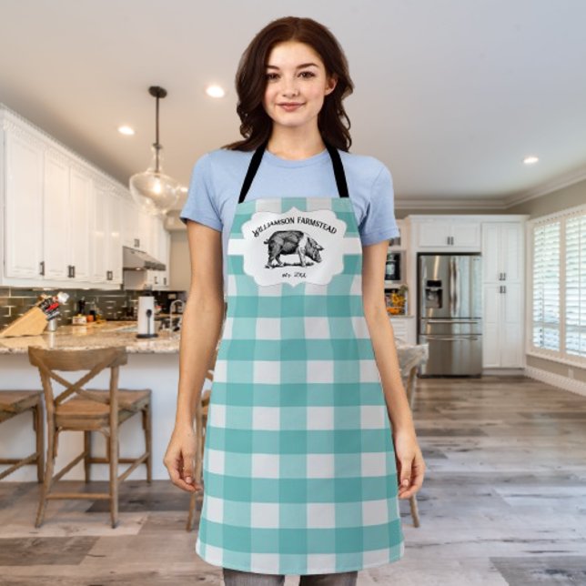 Teal Buffalo Plaid Farm Pig Apron (Teal Buffalo Plaid Farm Pig Personalized Apron)