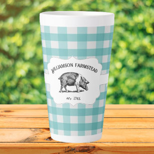 Teal Buffalo Plaid Farm Pig Latte Mug