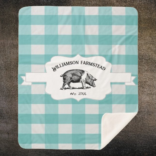 Teal Buffalo Plaid Farm Pig Sherpa Blanket (Teal Buffalo Plaid Farm Pig Personalized Sherpa Blanket)