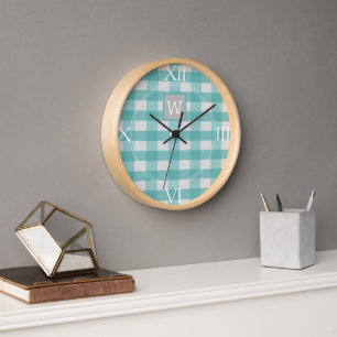 Teal Buffalo Plaid Monogram Clock