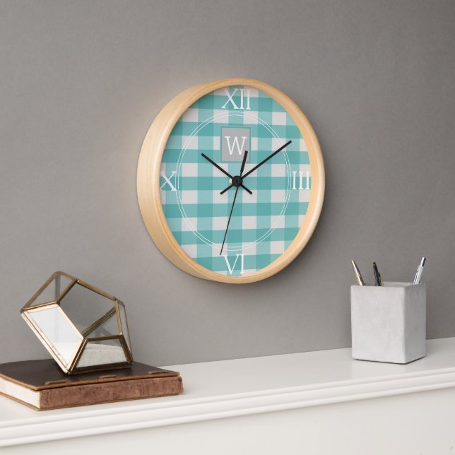 Teal Buffalo Plaid Monogram Clock (Office)