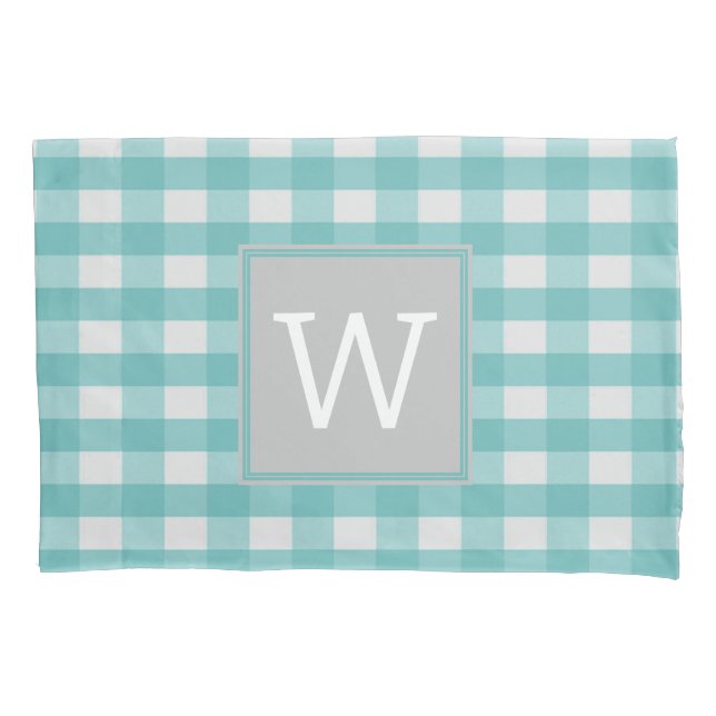Teal Buffalo Plaid Monogram Pillowcase (Front)