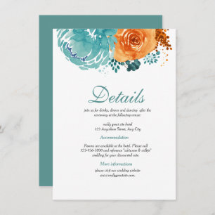 Teal Bunrt Orange Floral Fall Wedding Details Enclosure Card