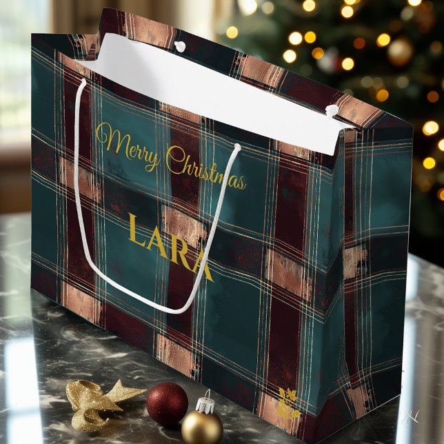 Teal, Burgundy, and Bronze Distressed Plaid Custom Large Gift Bag (Creator Uploaded)